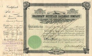 Bradshaw Mountain Railroad Co. signed by Edward Berwind - 1901 dated Autograph Railway Stock Certificate